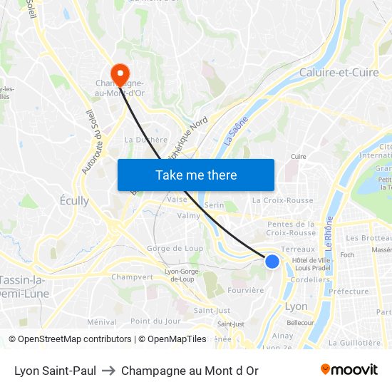 Lyon Saint-Paul to Champagne au Mont d Or map
