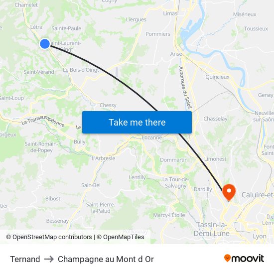 Ternand to Champagne au Mont d Or map