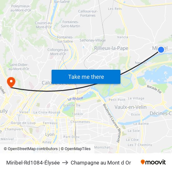 Miribel-Rd1084-Élysée to Champagne au Mont d Or map