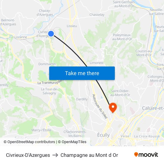 Civrieux-D'Azergues to Champagne au Mont d Or map