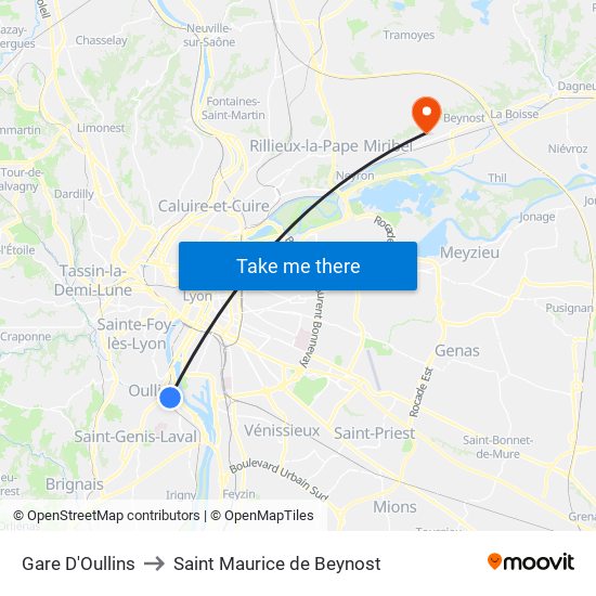 Gare D'Oullins to Saint Maurice de Beynost map