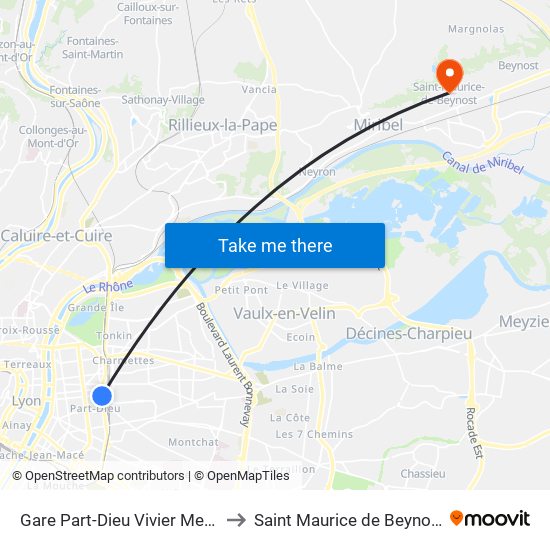 Gare Part-Dieu Vivier Merle to Saint Maurice de Beynost map