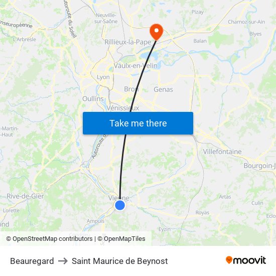 Beauregard to Saint Maurice de Beynost map