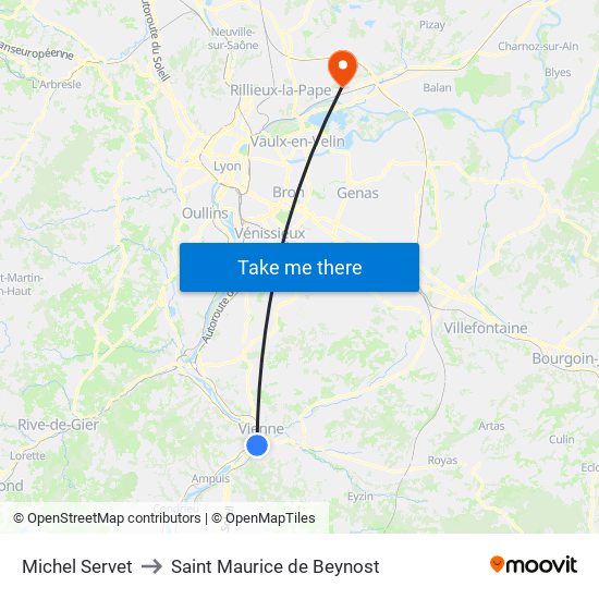 Michel Servet to Saint Maurice de Beynost map