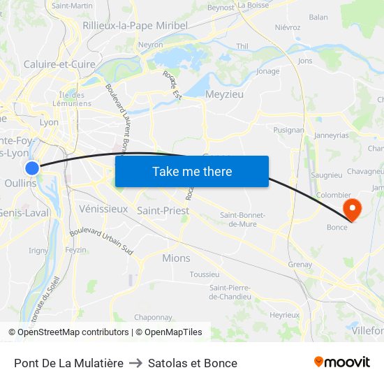 Pont De La Mulatière to Satolas et Bonce map