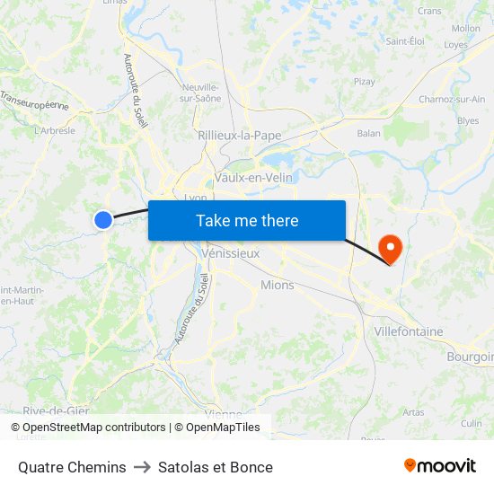 Quatre Chemins to Satolas et Bonce map