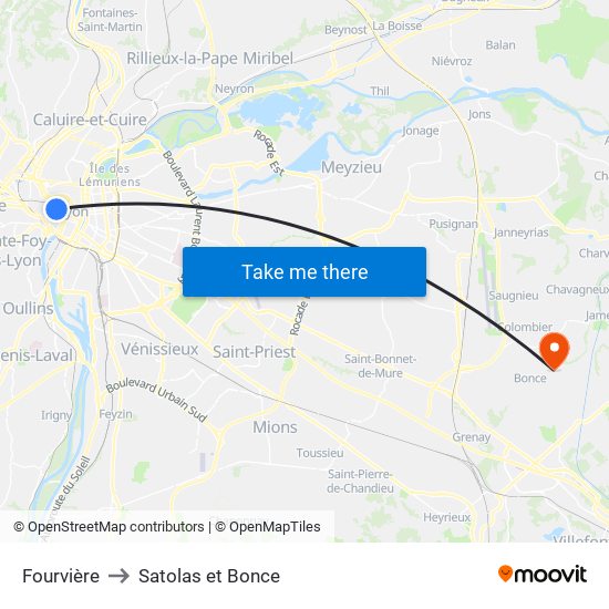 Fourvière to Satolas et Bonce map