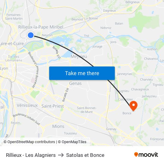 Rillieux - Les Alagniers to Satolas et Bonce map