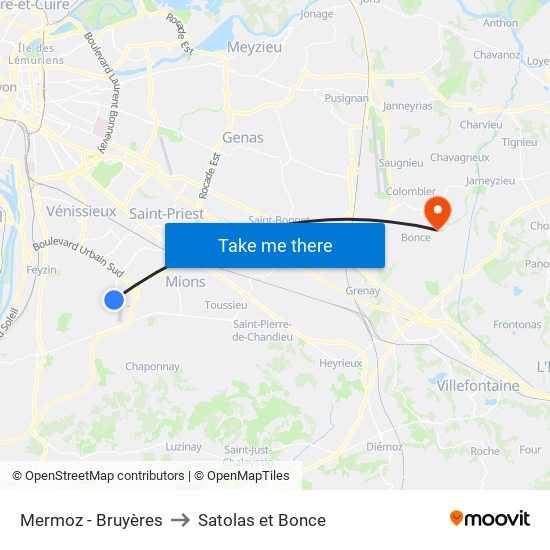 Mermoz - Bruyères to Satolas et Bonce map