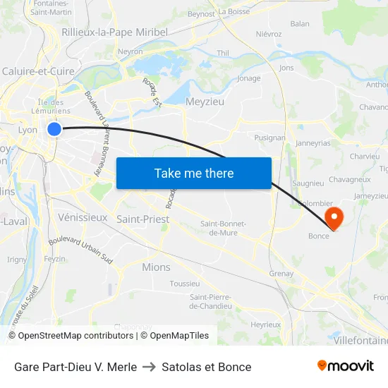 Gare Part-Dieu V. Merle to Satolas et Bonce map