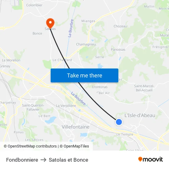 Fondbonniere to Satolas et Bonce map