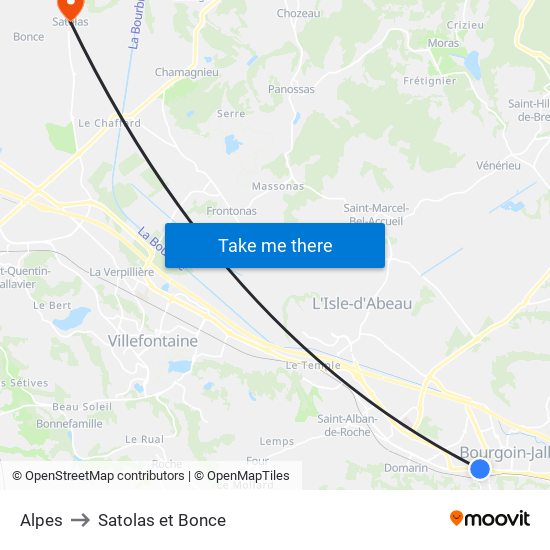 Alpes to Satolas et Bonce map