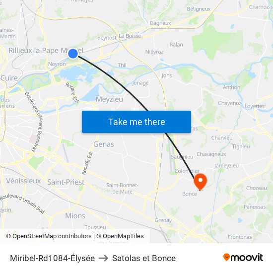 Miribel-Rd1084-Élysée to Satolas et Bonce map