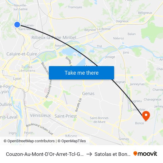 Couzon-Au-Mont-D'Or-Arret-Tcl-Gare to Satolas et Bonce map