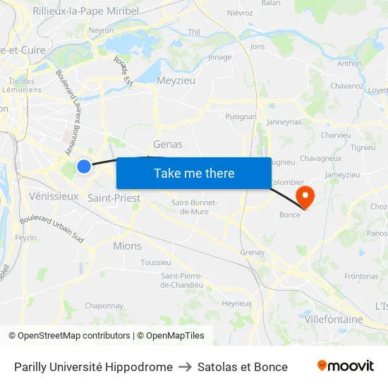 Parilly Université Hippodrome to Satolas et Bonce map