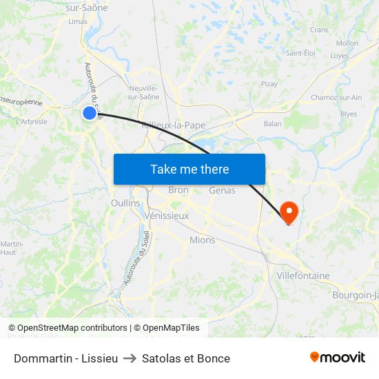 Dommartin - Lissieu to Satolas et Bonce map