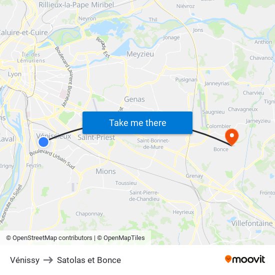 Vénissy to Satolas et Bonce map