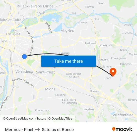 Mermoz - Pinel to Satolas et Bonce map