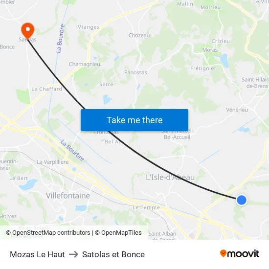 Mozas Le Haut to Satolas et Bonce map