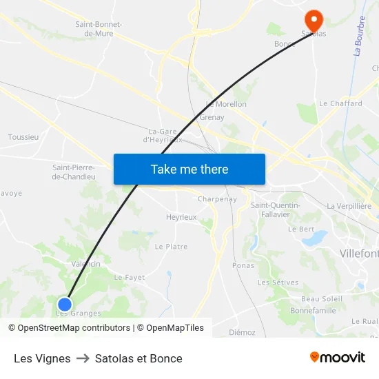 Les Vignes to Satolas et Bonce map