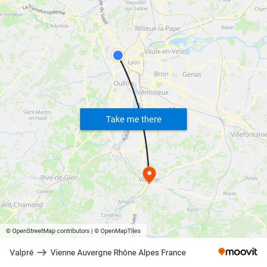 Valpré to Vienne Auvergne Rhône Alpes France map