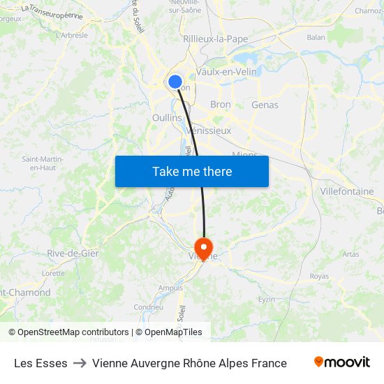 Les Esses to Vienne Auvergne Rhône Alpes France map