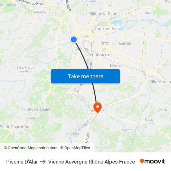 Aquavert to Vienne Auvergne Rhône Alpes France map