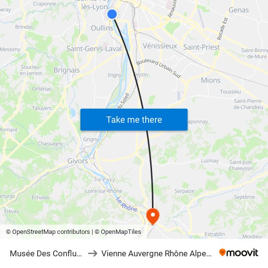 Musée Des Confluences to Vienne Auvergne Rhône Alpes France map