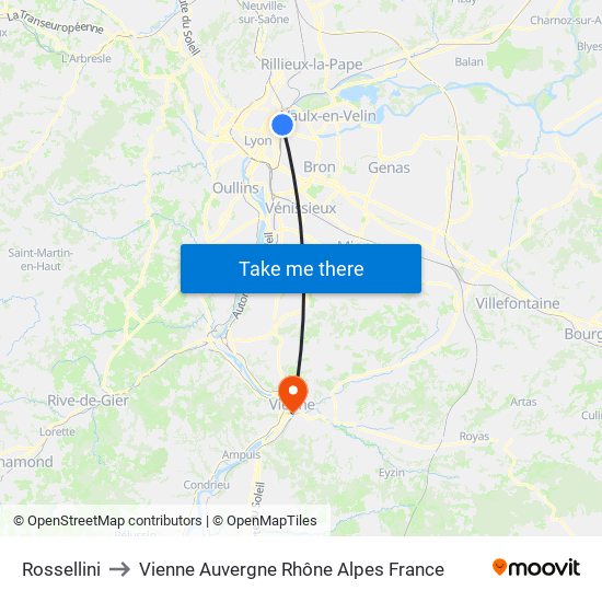 Rossellini to Vienne Auvergne Rhône Alpes France map