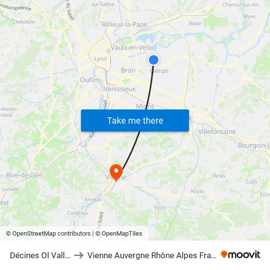 Décines Ol Vallée to Vienne Auvergne Rhône Alpes France map