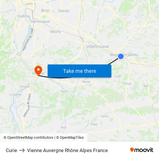 Curie to Vienne Auvergne Rhône Alpes France map