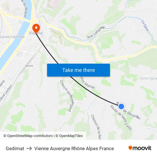 Gedimat to Vienne Auvergne Rhône Alpes France map