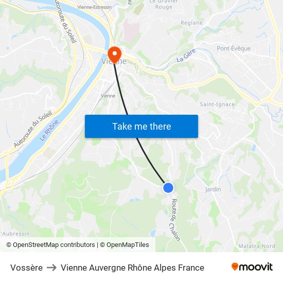 Vossère to Vienne Auvergne Rhône Alpes France map