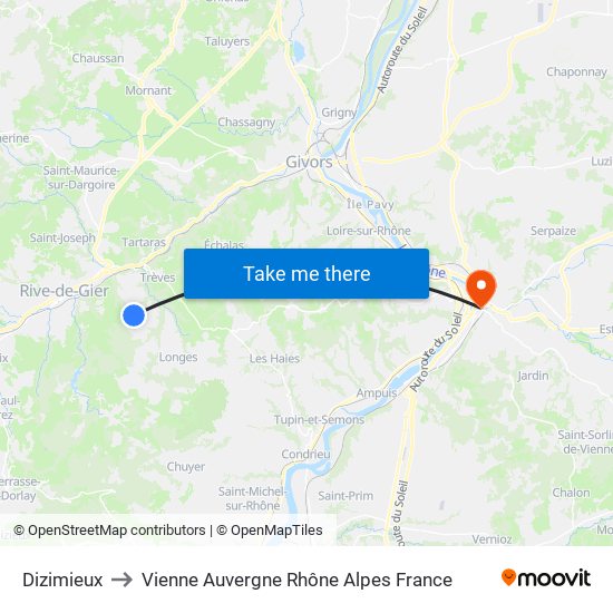 Dizimieux to Vienne Auvergne Rhône Alpes France map