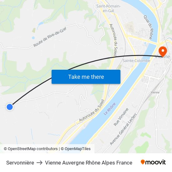 Servonnière to Vienne Auvergne Rhône Alpes France map