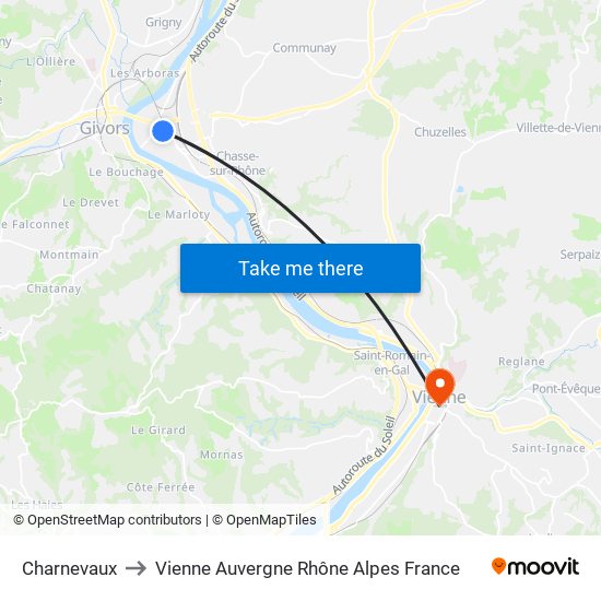Charnevaux to Vienne Auvergne Rhône Alpes France map