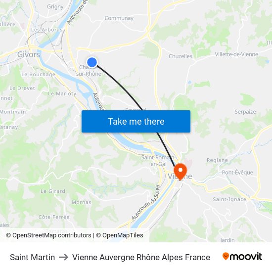 Saint Martin to Vienne Auvergne Rhône Alpes France map