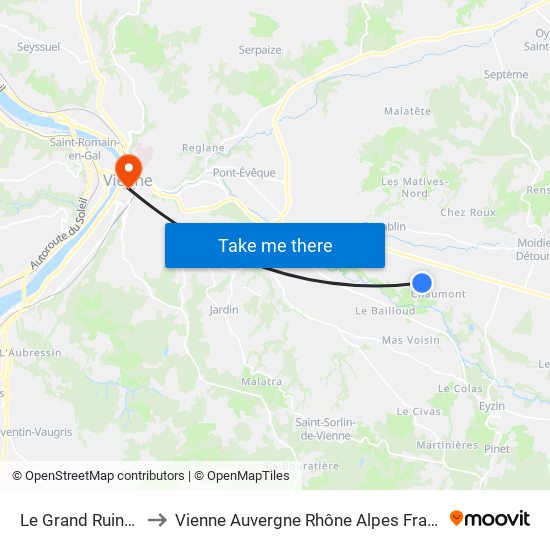 Le Grand Ruinais to Vienne Auvergne Rhône Alpes France map