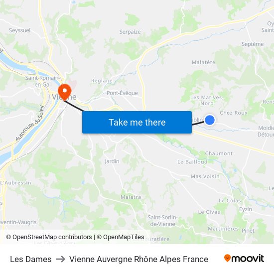 Les Dames to Vienne Auvergne Rhône Alpes France map