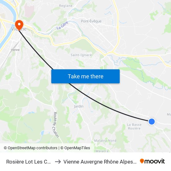 Rosière Lot Les Cèdres to Vienne Auvergne Rhône Alpes France map