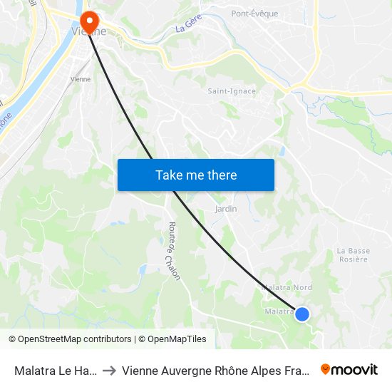 Malatra Le Haut to Vienne Auvergne Rhône Alpes France map
