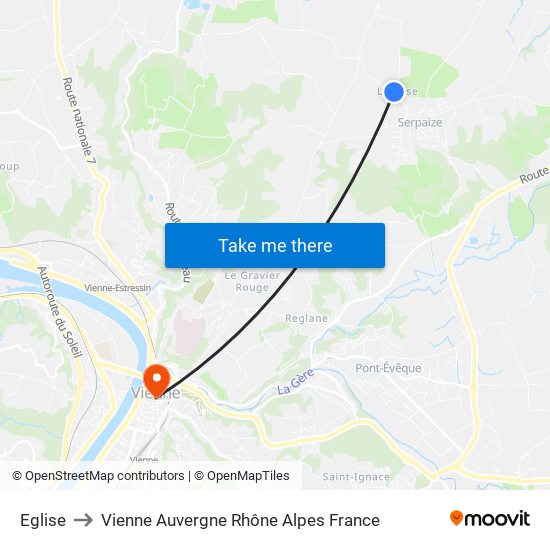 Eglise to Vienne Auvergne Rhône Alpes France map