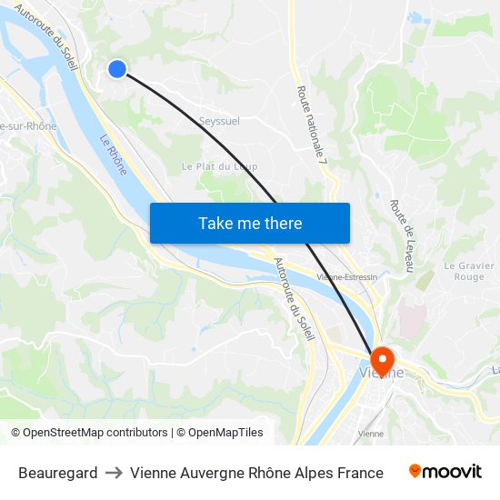 Beauregard to Vienne Auvergne Rhône Alpes France map
