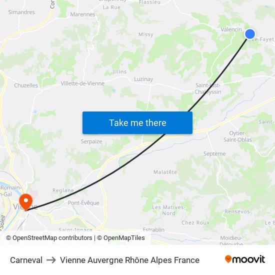 Carneval to Vienne Auvergne Rhône Alpes France map