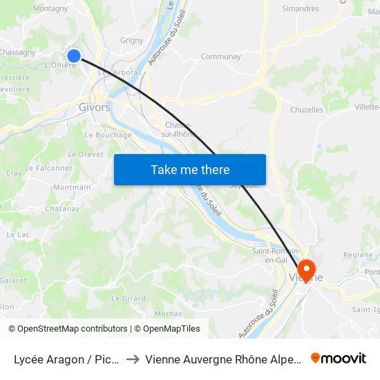 Lycée Aragon / Picasson to Vienne Auvergne Rhône Alpes France map