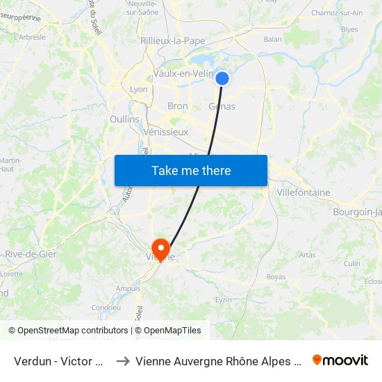 Verdun - Victor Hugo to Vienne Auvergne Rhône Alpes France map