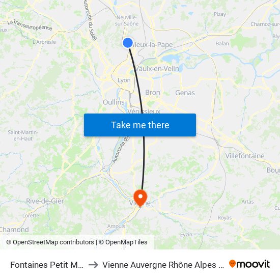 Fontaines Petit Moulin to Vienne Auvergne Rhône Alpes France map