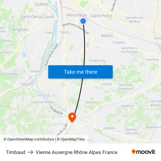 Timbaud to Vienne Auvergne Rhône Alpes France map