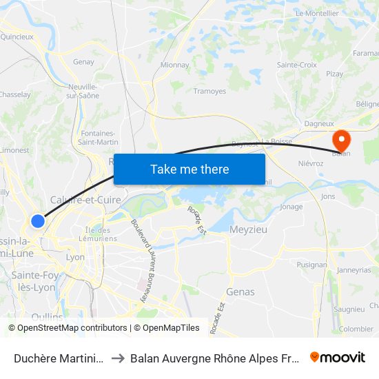 Duchère Martinière to Balan Auvergne Rhône Alpes France map