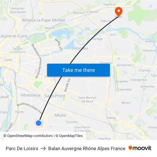 Parc De Loisirs to Balan Auvergne Rhône Alpes France map